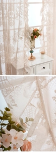 Macro detail of French lace curtain with delicate floral patterns and scalloped edges
