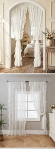 Detailed macro of white French lace curtain with delicate floral patterns and wavy edges