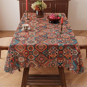 Bohemian geometric pattern rectangle tablecloth with colorful mosaic and wavy edge