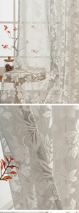 Detail of floral lace sheer curtain with white mesh texture and elegant floral patterns