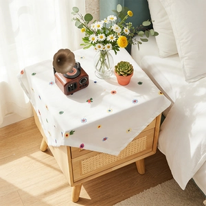 Pastoral Floral Embroidery Tablecloth Polyester White Multi-Purpose Dust Cover Kitchen Dining Nightstand Fresh Decor