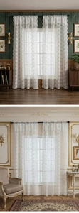 Detail view of white lace curtain with floral embroidery and elegant scalloped edges