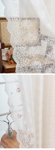 Detail of white lace curtain showing intricate floral patterns and scalloped edges