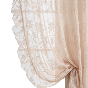 French lace sheer curtain in champagne with damascus embroidery and ruffled edges