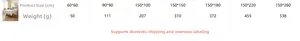 Size chart for American vintage white floral tablecloth showing dimensions and weights