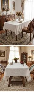 Detail of vintage embossed tablecloth with delicate floral jacquard and fringe edges
