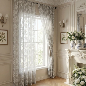 Gray floral lace sheer curtain with white embroidery in a classic vintage living room