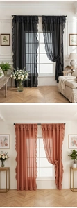 Detail of ruffled edges on terracotta and black sheer chiffon curtains for the living room