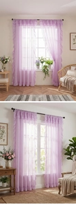 Detail of lavender sheer curtains with elegant ruffled edges and translucent tulle fabric