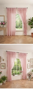 Close-up of pink French pastoral curtains featuring elegant multi-layered ruffled edges