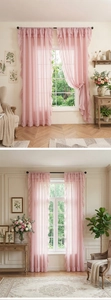 Detail of pink ruffled sheer curtains with rod pocket design for soft natural lighting