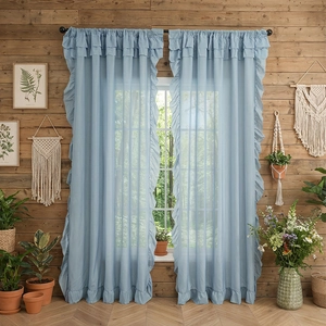 Light blue ruffled sheer curtains in a 2-piece set for balcony and living room