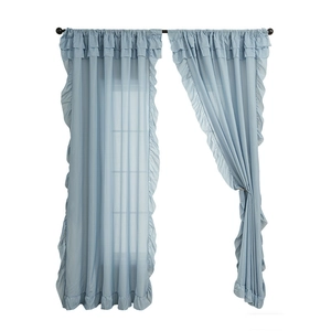Blue-grey translucent curtains with ruffled edges and rod pocket style for living room