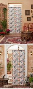 Detailed view of Moroccan style door curtain featuring geometric tile patterns in orange and blue