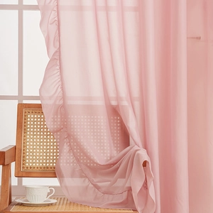 Elegant light pink ruffle edge sheer curtains in soft chiffon for romantic home decor