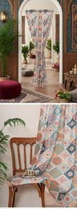 Detail of colorful mandala tile pattern on bohemian door curtain with linen texture