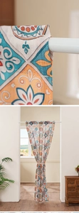 Detail of ethnic door curtain with mandala print and rod pocket on cotton linen fabric