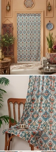 Detailed pattern of ethnic bohemian door curtain with geometric and floral fabric motifs