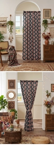 Detail of bohemian door curtain featuring red geometric diamonds on blue fabric