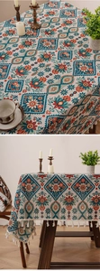 Detail of bohemian floral pattern tablecloth with high-quality beige tassel fringe edge