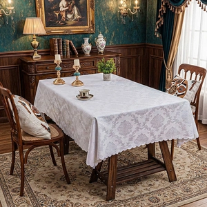 European Damask Jacquard Tablecloth Polyester Rectangular Table Cover With Scalloped Edge For Kitchen Dining Room Home Decor
