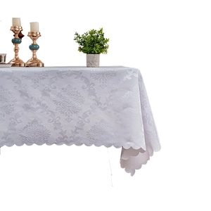 European luxury damascus jacquard tablecloth with elegant scalloped edges in white