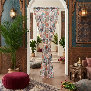 Ethnic geometric tile pattern door curtain with bohemian orange and blue print for doorways