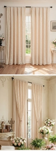 Detailed close-up of cream French double-layer lace curtains with delicate embroidery