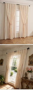 Close-up of beige double-layer lace curtains with elegant floral hollow-out embroidery
