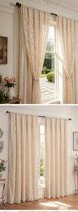 Detail of elegant beige warp-knitted lace curtain with floral patterns for bedroom