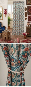 Detailed texture of ethnic bohemian door curtain with geometric mandala and woven tieback