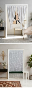 Close-up of white floral lace door curtain with intricate high-density mesh texture