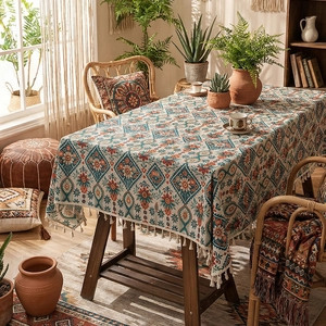 Bohemian Ethnic Print Tablecloth Polyester Dustproof Rectangular Table Cover With Tassels For Dining Room Home Decor