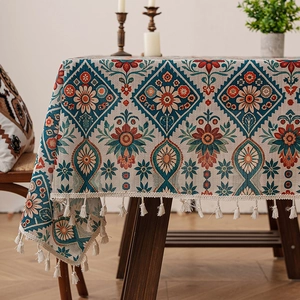Bohemian floral printed tablecloth with white fringe tassels on a rustic wooden table
