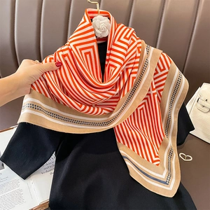 Fashionable striped square scarf with geometric patterns and polka dots on a stylish outfit