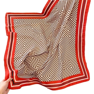 Striped geometric silk scarf with red border and maze pattern for women