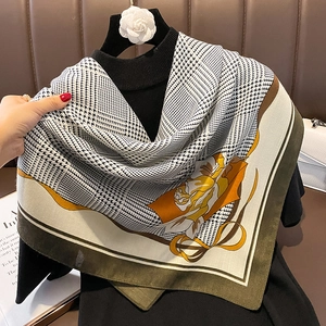 Women Square Scarf Elegant Houndstooth Floral Print Polyester Satin Satin Like Shawl Retro French Style Fashion Necktie