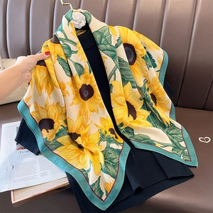 Sunflower Print Square Scarf Satin Like Satin Neckerchief Elegant Floral Shawl Large Head Wraps Women Fashion Accessory