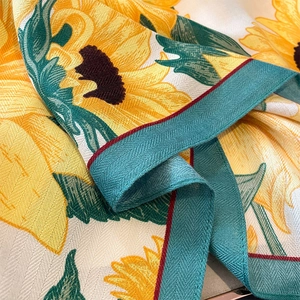Fashionable sunflower print square scarf with herringbone texture and contrast borders