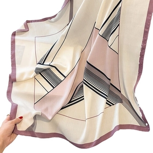 Striped geometric square scarf in pink and cream with elegant minimalist patchwork pattern