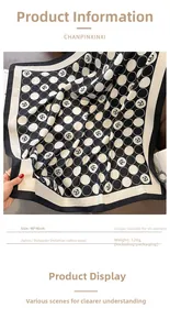 Detailed view of black and white polka dot scarf with rose pattern and 90x90cm dimensions