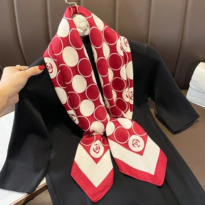 French camellia scarf with red polka dots and floral pattern on premium silk fabric