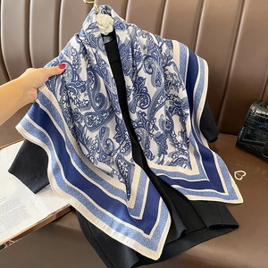 Navy blue paisley print silk-feel square scarf with border for women in autumn
