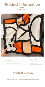 Detailansicht eines 90x90cm geometrischen Schals in Orange, Weiß und Beige Farbtönen