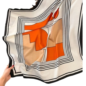 Striped geometric silk scarf for women featuring orange and khaki color block design