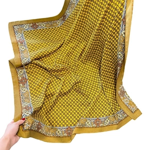 Vintage mustard yellow silk scarf with black chain patterns and elegant floral border