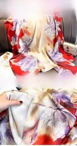Detail shot of elegant floral print silk scarf with vibrant colors and fine stitching