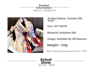 Detail view of 90x180cm faux silk scarf with artistic floral print and material specs