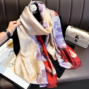 Elegant Floral Print Faux Satin Scarf Shawl For Women Large Lightweight Wrap Fashionable Satiny Neck Kerchief