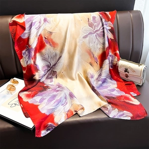 Detail shot of silk scarf fabric showing elegant orchid print and glossy texture